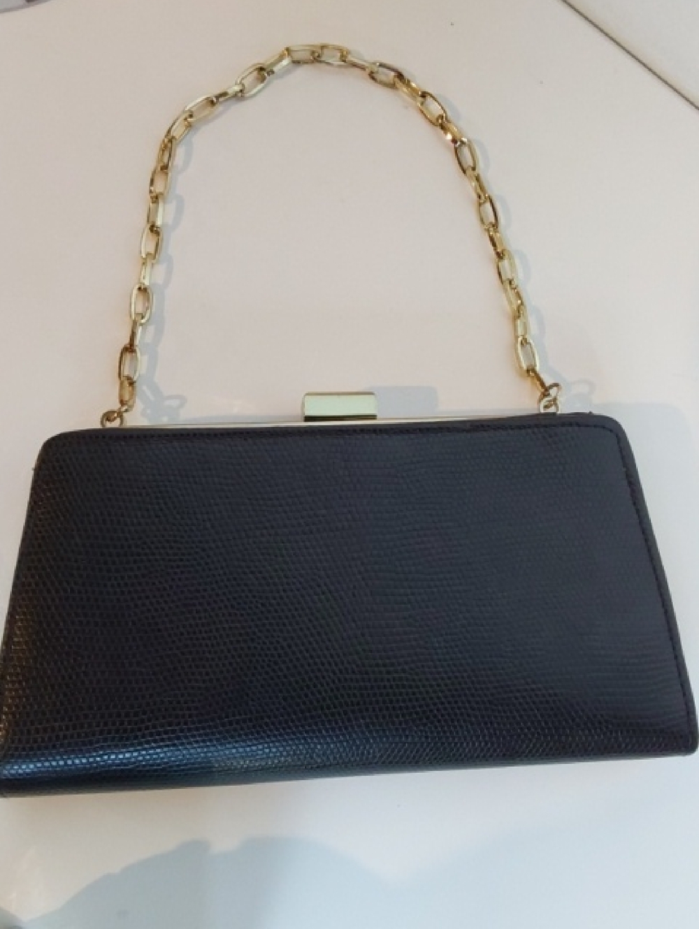 Bijoux Terner|Vintage Black Embossed Gold Chain-Handle Evening Clutch Bag